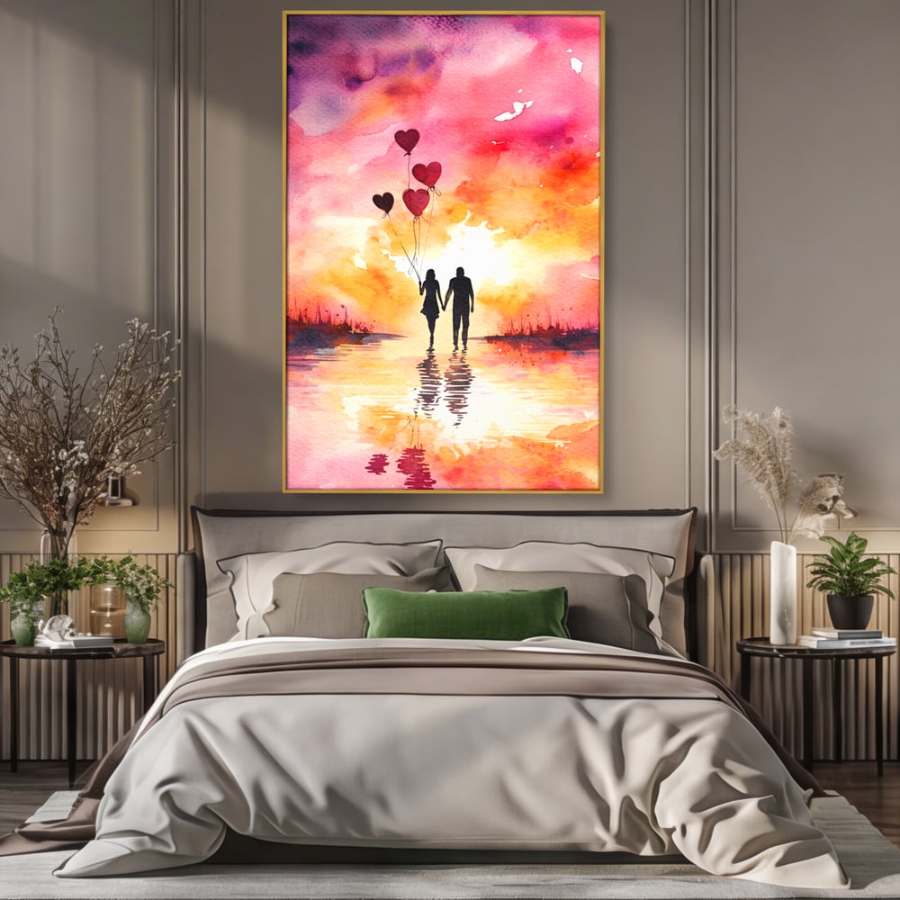 Tablou canvas cu pictura cuplu si baloane inima la apus, in rama de aluminiu auriu, pe perete intr-un dormitor