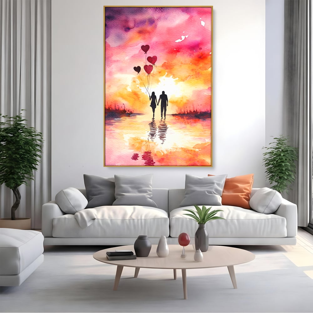 Tablou canvas cu pictura cuplu si baloane inima la apus, in rama de aluminiu auriu, pe perete intr-un living