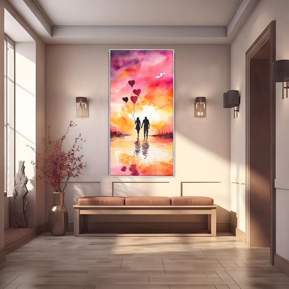 Tablou canvas cu pictura cuplu si baloane inima la apus, in rama de aluminiu argintiu