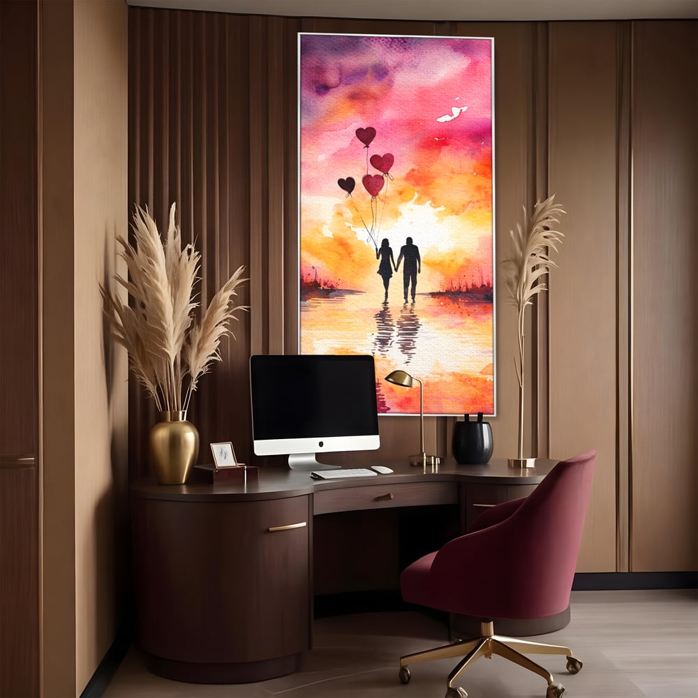 Tablou canvas cu pictura cuplu si baloane inima la apus, in rama de aluminiu argintiu, pe perete intr-un birou