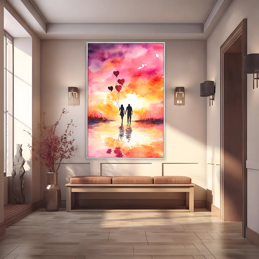 Tablou canvas cu pictura cuplu si baloane inima la apus, in rama de aluminiu argintiu