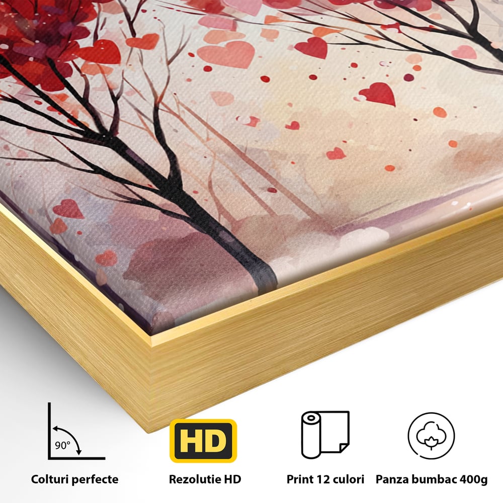 Detaliu al suprafetei: tablou canvas cu doi copaci in forma de inimi, in rama de aluminiu auriu