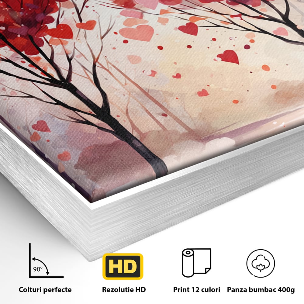 Detaliu al suprafetei: tablou canvas cu doi copaci in forma de inimi, in rama de aluminiu argintiu
