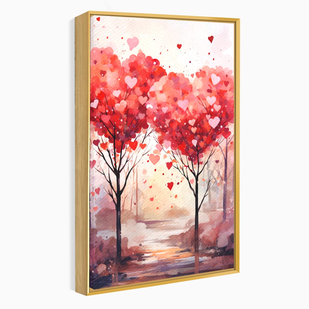 Tablou canvas cu tablou canvas cu doi copaci in forma de inimi, in rama de aluminiu auriu