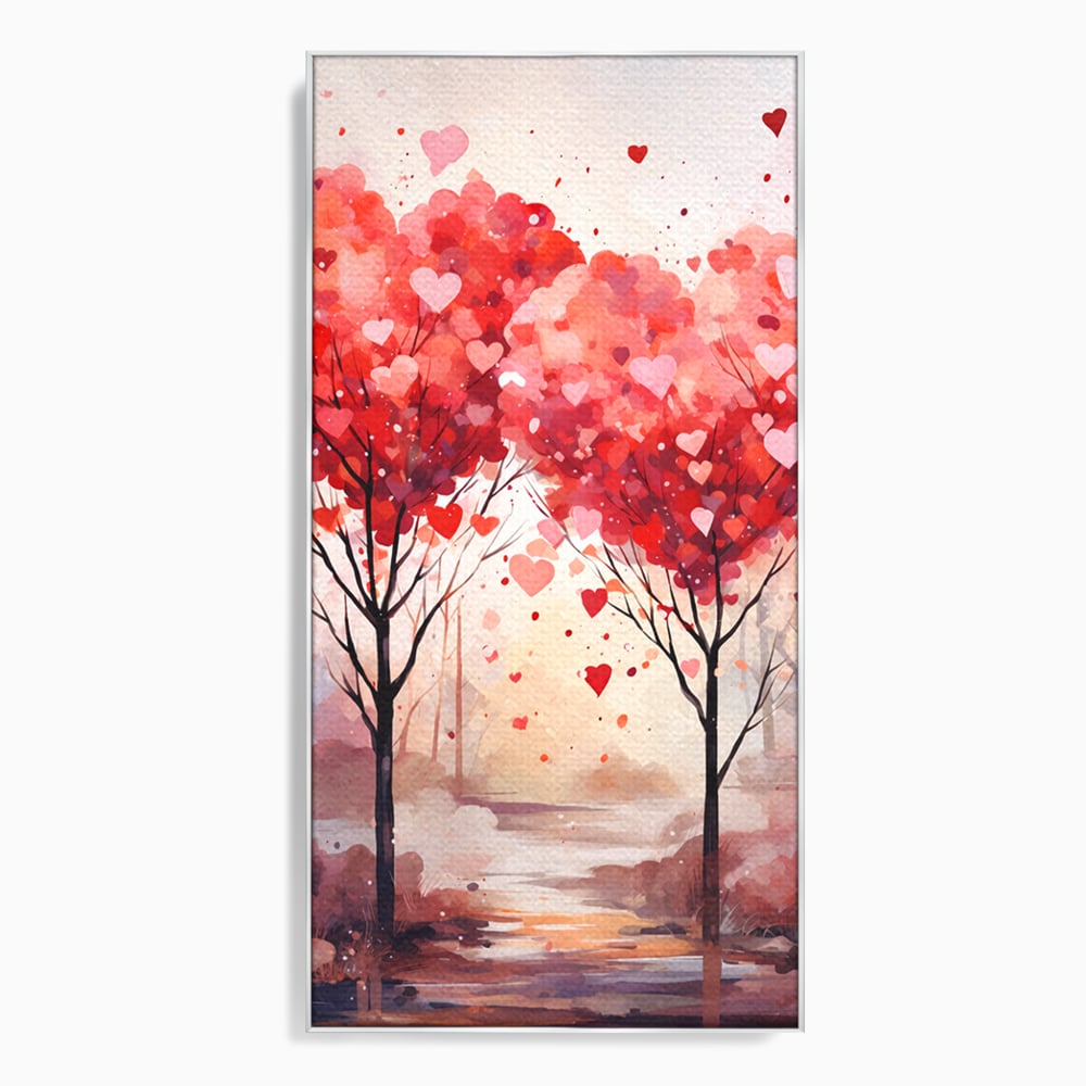 Tablou canvas cu tablou canvas cu doi copaci in forma de inimi, in rama de aluminiu argintiu