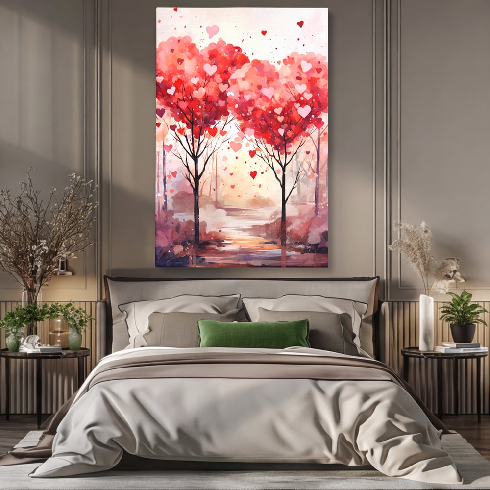Tablou canvas cu tablou canvas cu doi copaci in forma de inimi, fara rama, pe sasiu de lemn, pe perete intr-un dormitor