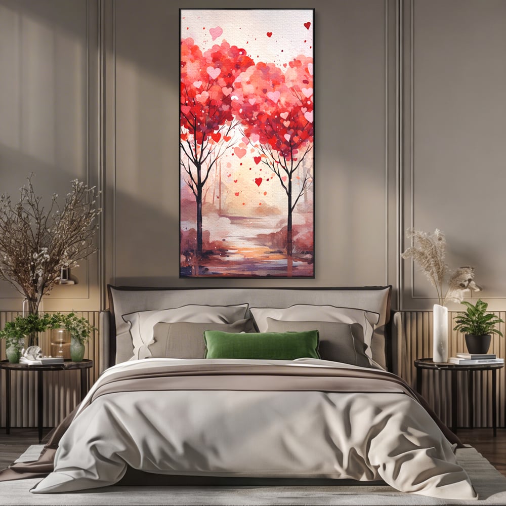 Tablou canvas cu tablou canvas cu doi copaci in forma de inimi, in rama de aluminiu negru, pe perete intr-un dormitor