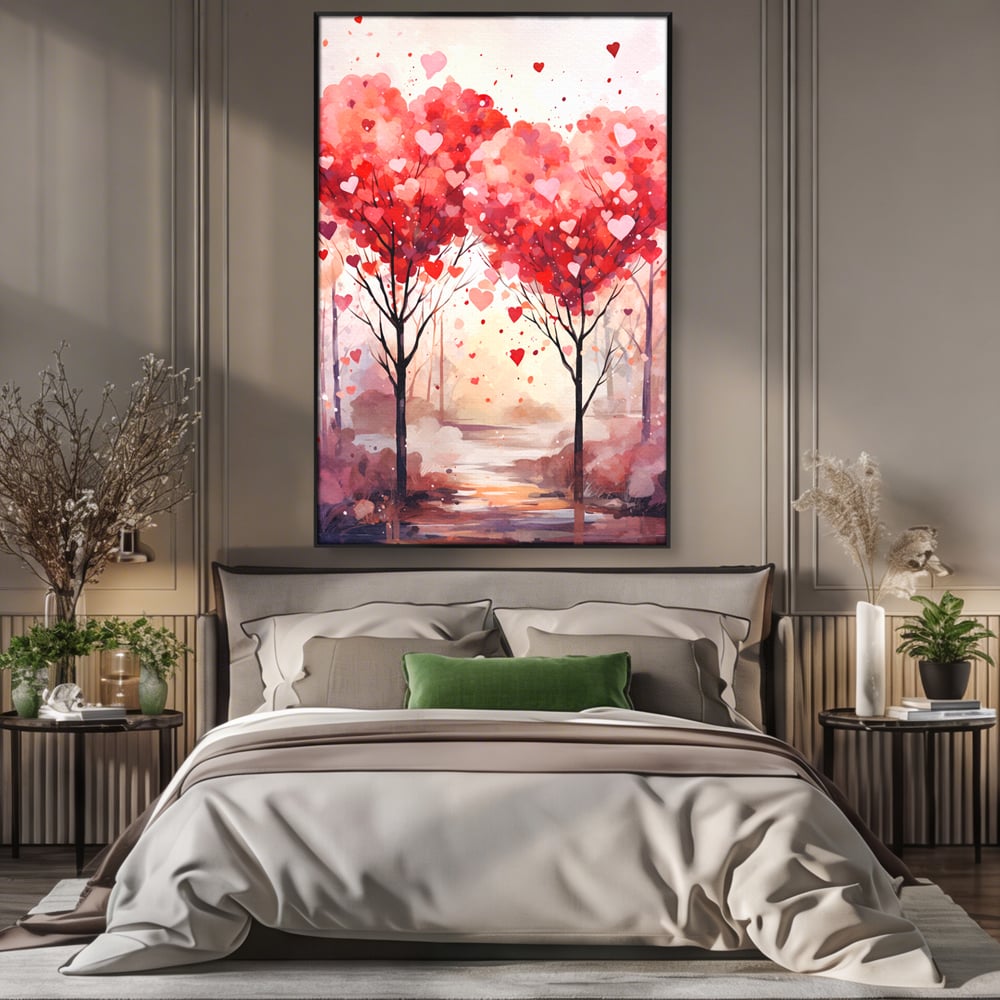 Tablou canvas cu tablou canvas cu doi copaci in forma de inimi, in rama de aluminiu negru, pe perete intr-un dormitor