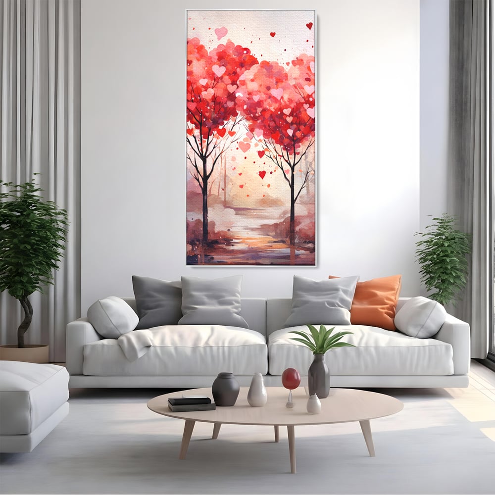Tablou canvas cu tablou canvas cu doi copaci in forma de inimi, in rama de aluminiu argintiu, pe perete intr-un living