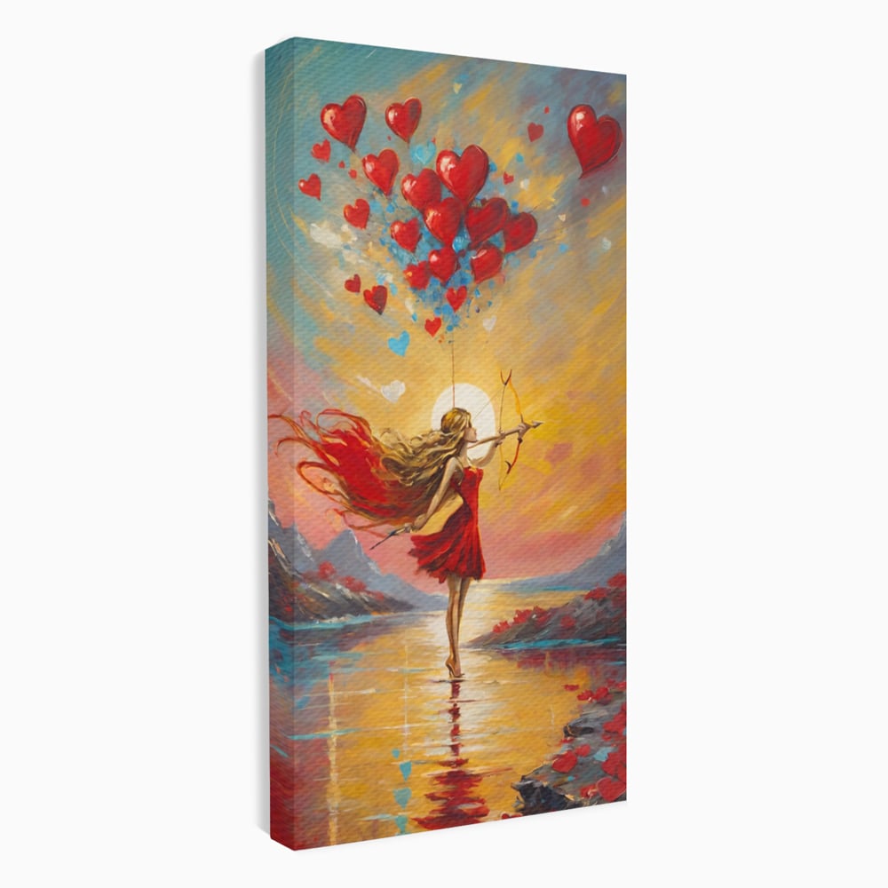Tablou canvas cu pictura cu femeie armata cu arc si inimi, fara rama, pe sasiu de lemn