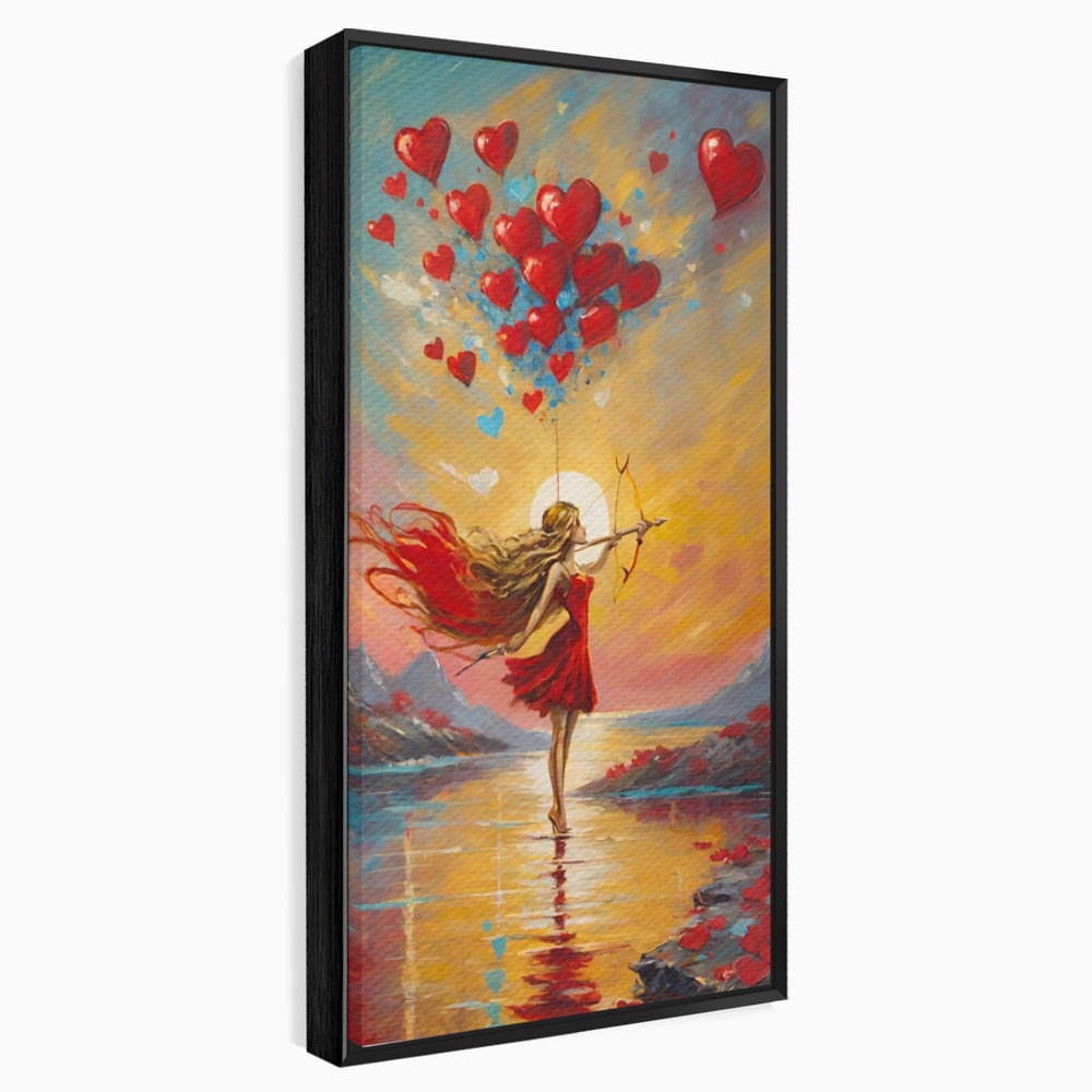 Tablou canvas cu pictura cu femeie armata cu arc si inimi, in rama de aluminiu negru