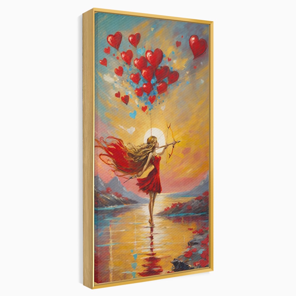 Tablou canvas cu pictura cu femeie armata cu arc si inimi, in rama de aluminiu auriu
