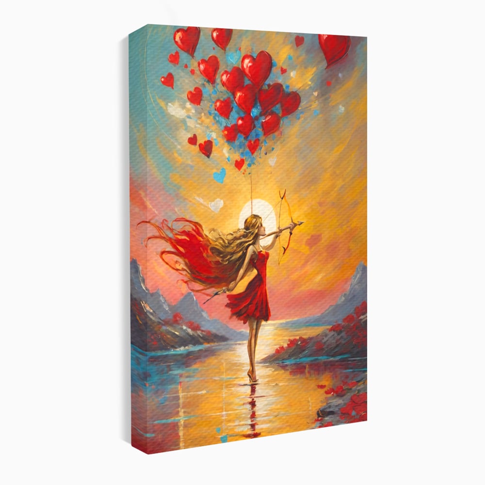 Tablou canvas cu pictura cu femeie armata cu arc si inimi, fara rama, pe sasiu de lemn