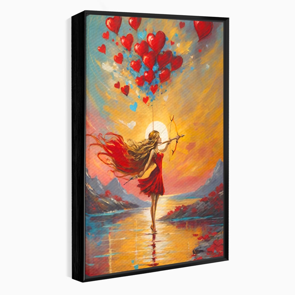 Tablou canvas cu pictura cu femeie armata cu arc si inimi, in rama de aluminiu negru