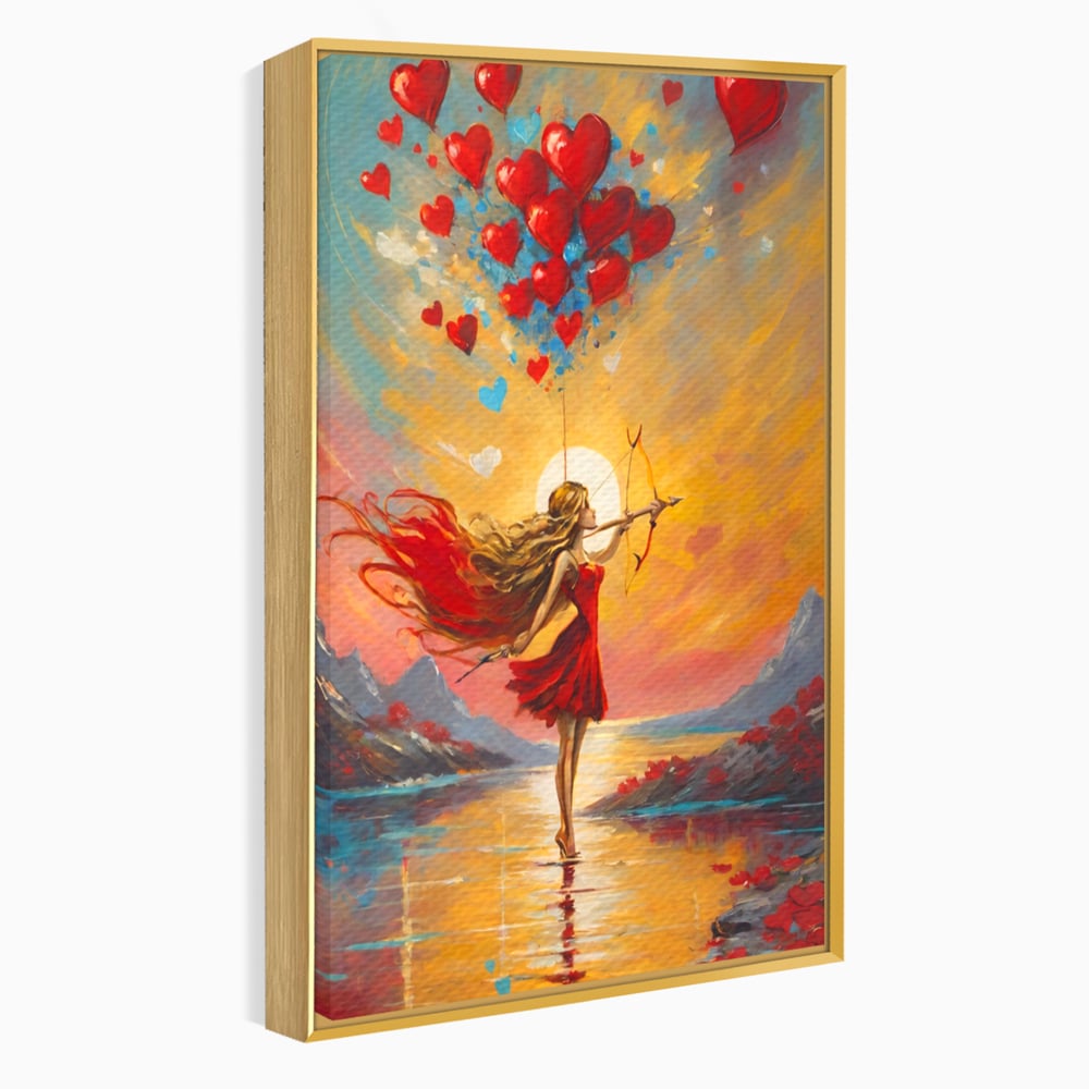 Tablou canvas cu pictura cu femeie armata cu arc si inimi, in rama de aluminiu auriu