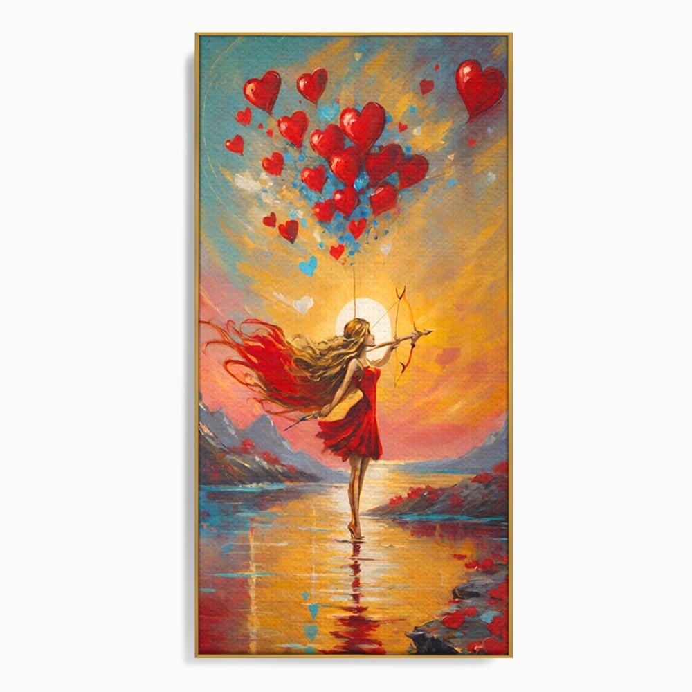 Tablou canvas cu pictura cu femeie armata cu arc si inimi, in rama de aluminiu auriu