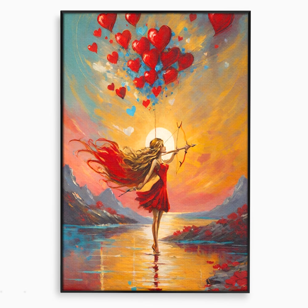 Tablou canvas cu pictura cu femeie armata cu arc si inimi, in rama de aluminiu negru