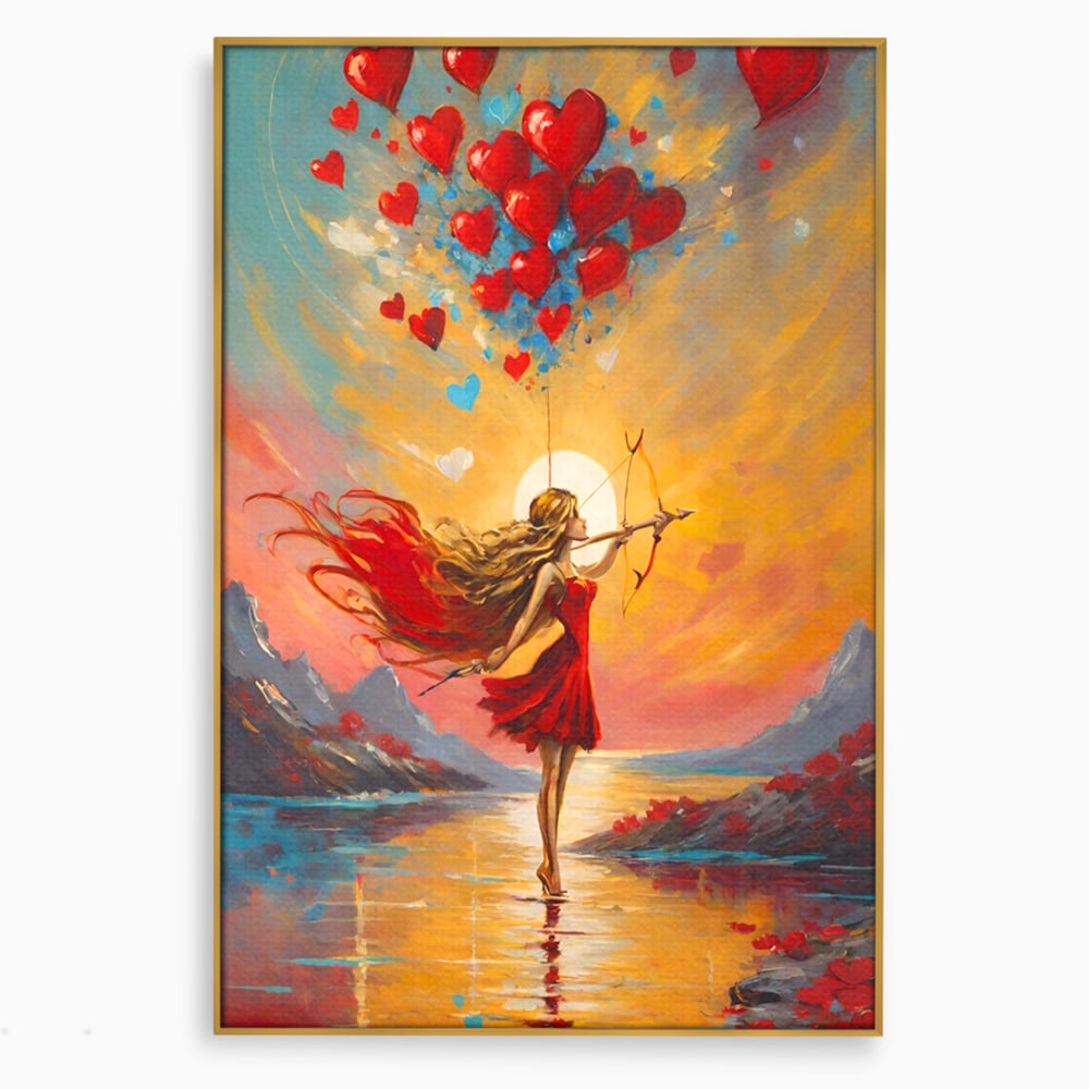 Tablou canvas cu pictura cu femeie armata cu arc si inimi, in rama de aluminiu auriu