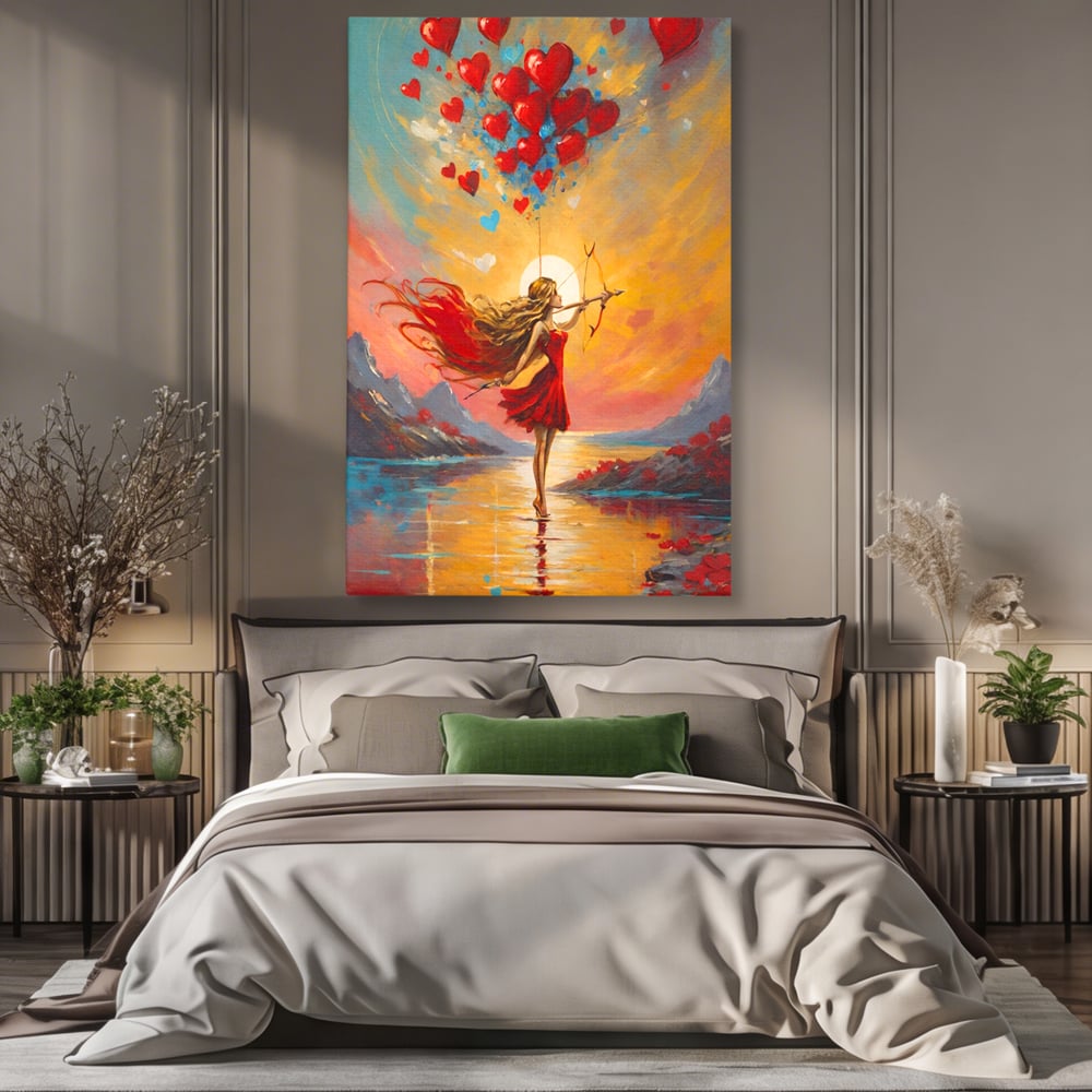 Tablou canvas cu pictura cu femeie armata cu arc si inimi, fara rama, pe sasiu de lemn, pe perete intr-un dormitor