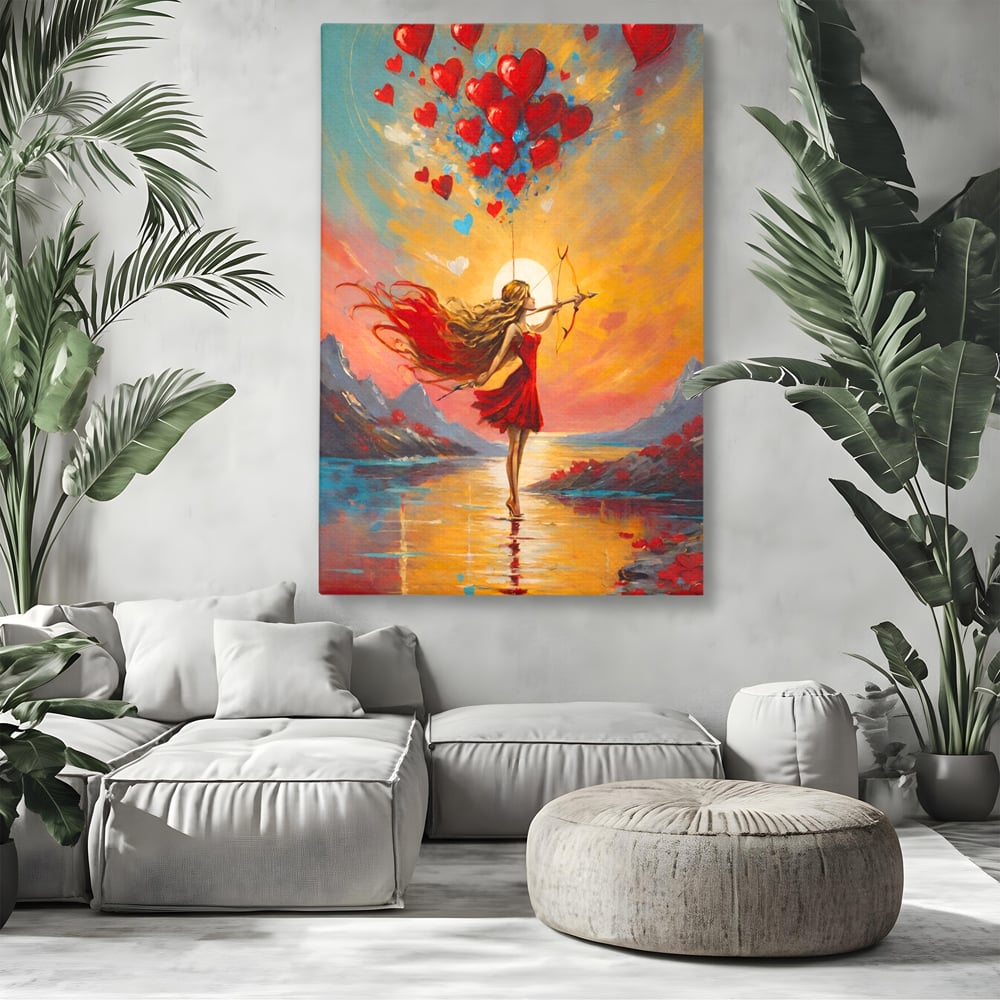 Tablou canvas cu pictura cu femeie armata cu arc si inimi, fara rama, pe sasiu de lemn, pe perete intr-un living