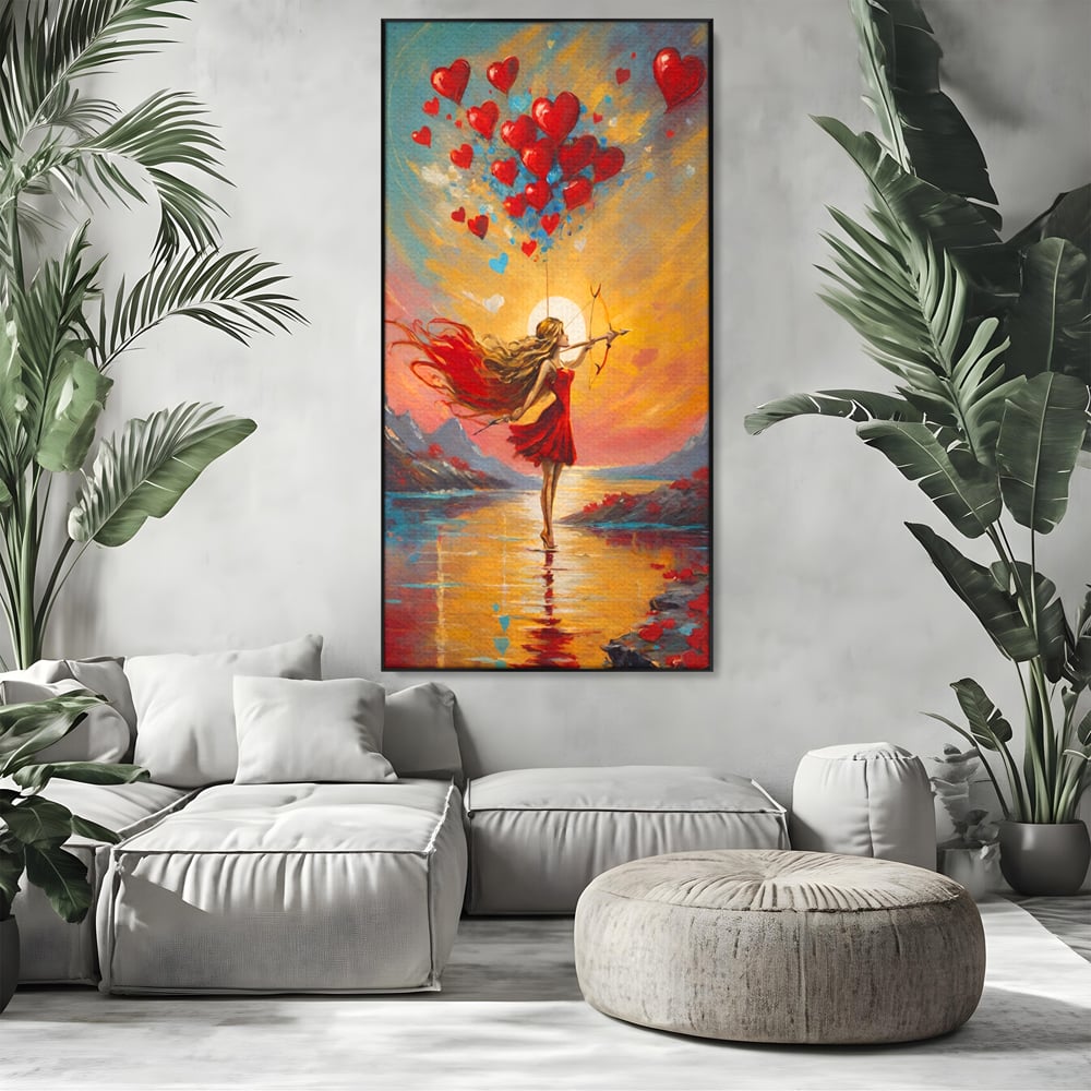 Tablou canvas cu pictura cu femeie armata cu arc si inimi, in rama de aluminiu negru, pe perete intr-un living