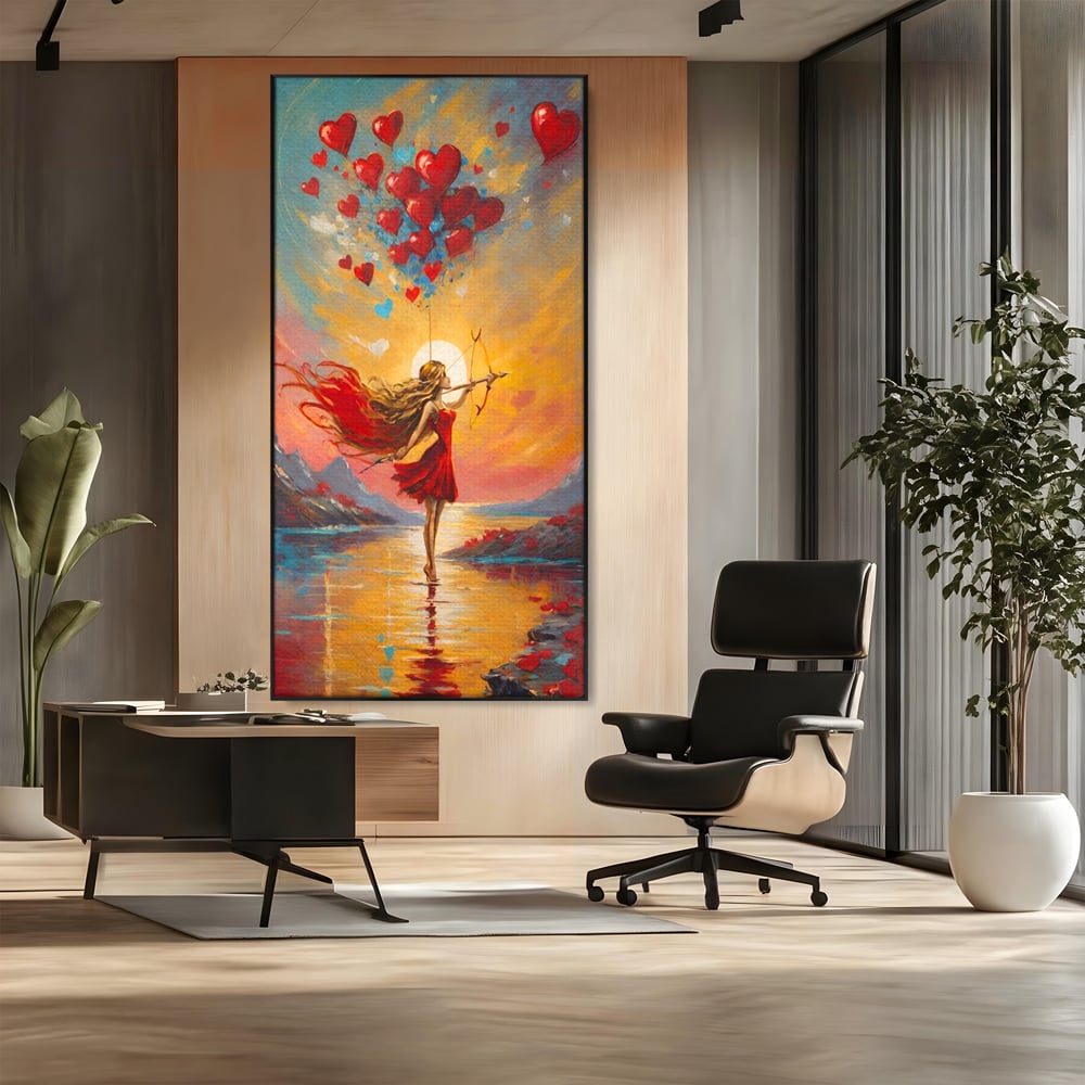 Tablou canvas cu pictura cu femeie armata cu arc si inimi, in rama de aluminiu negru, pe perete intr-un birou
