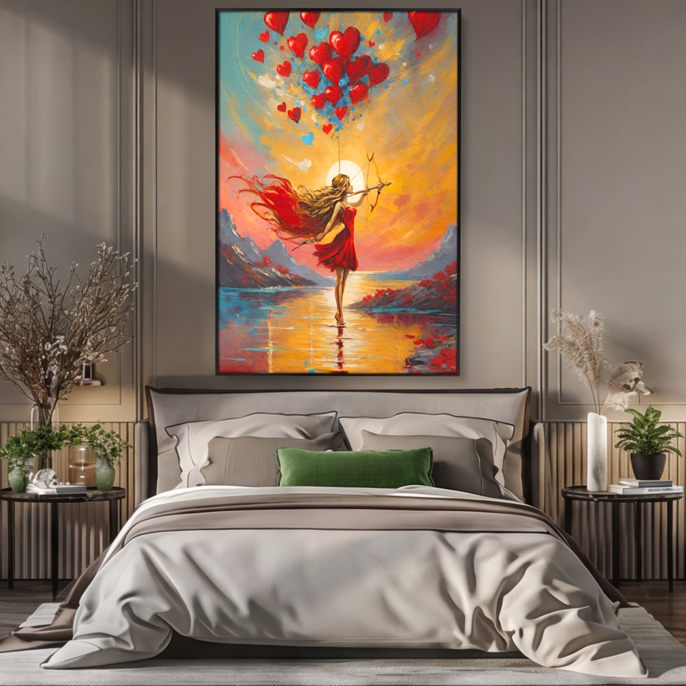 Tablou canvas cu pictura cu femeie armata cu arc si inimi, in rama de aluminiu negru, pe perete intr-un dormitor
