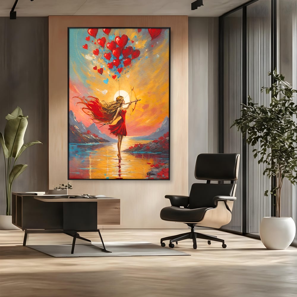 Tablou canvas cu pictura cu femeie armata cu arc si inimi, in rama de aluminiu negru, pe perete intr-un birou