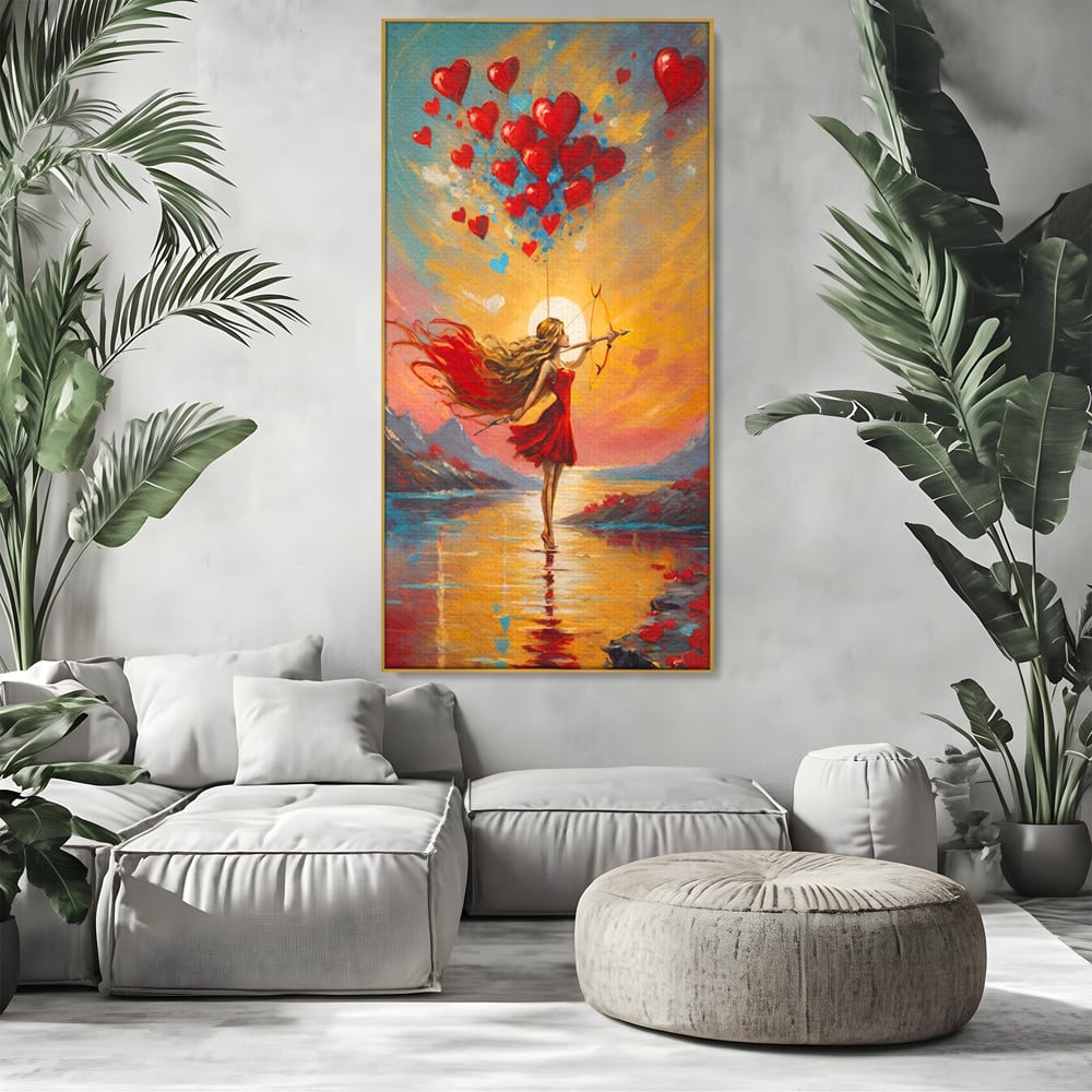 Tablou canvas cu pictura cu femeie armata cu arc si inimi, in rama de aluminiu auriu, pe perete intr-un living