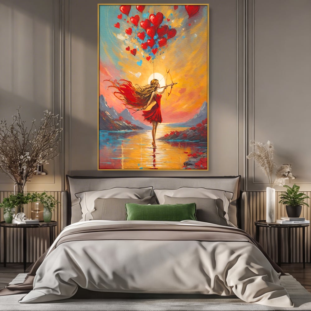 Tablou canvas cu pictura cu femeie armata cu arc si inimi, in rama de aluminiu auriu, pe perete intr-un dormitor