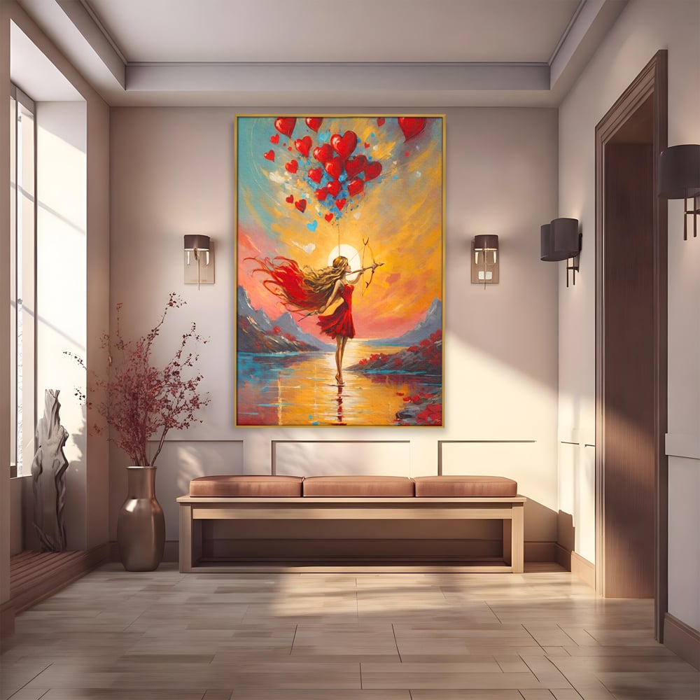 Tablou canvas cu pictura cu femeie armata cu arc si inimi, in rama de aluminiu auriu