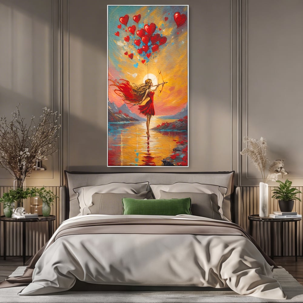 Tablou canvas cu pictura cu femeie armata cu arc si inimi, in rama de aluminiu argintiu, pe perete intr-un dormitor