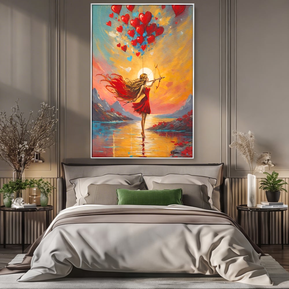 Tablou canvas cu pictura cu femeie armata cu arc si inimi, in rama de aluminiu argintiu, pe perete intr-un dormitor