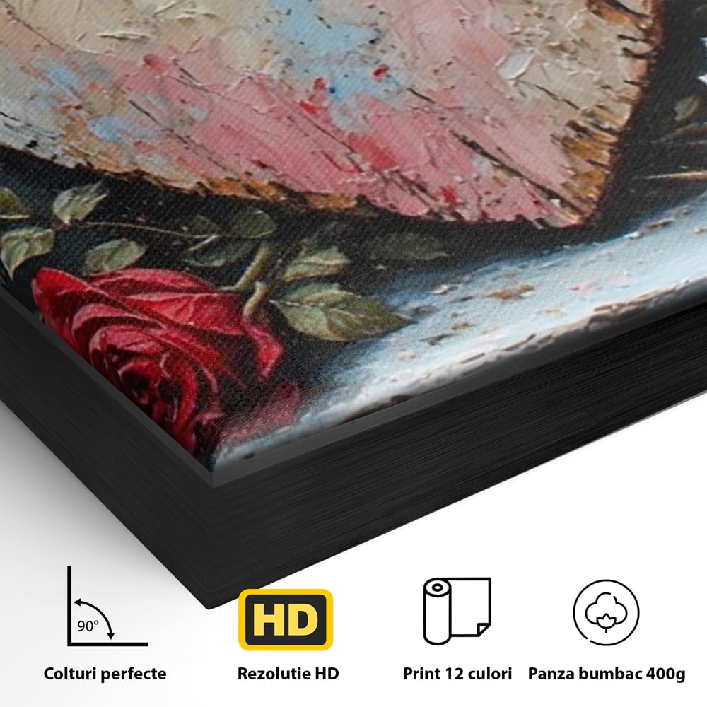 Detaliu al suprafetei: tablou canvas cu inima din lemn si flori, in rama de aluminiu negru