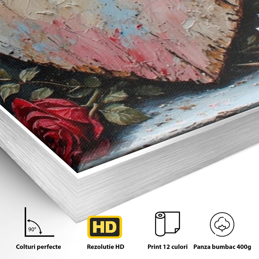 Detaliu al suprafetei: tablou canvas cu inima din lemn si flori, in rama de aluminiu argintiu
