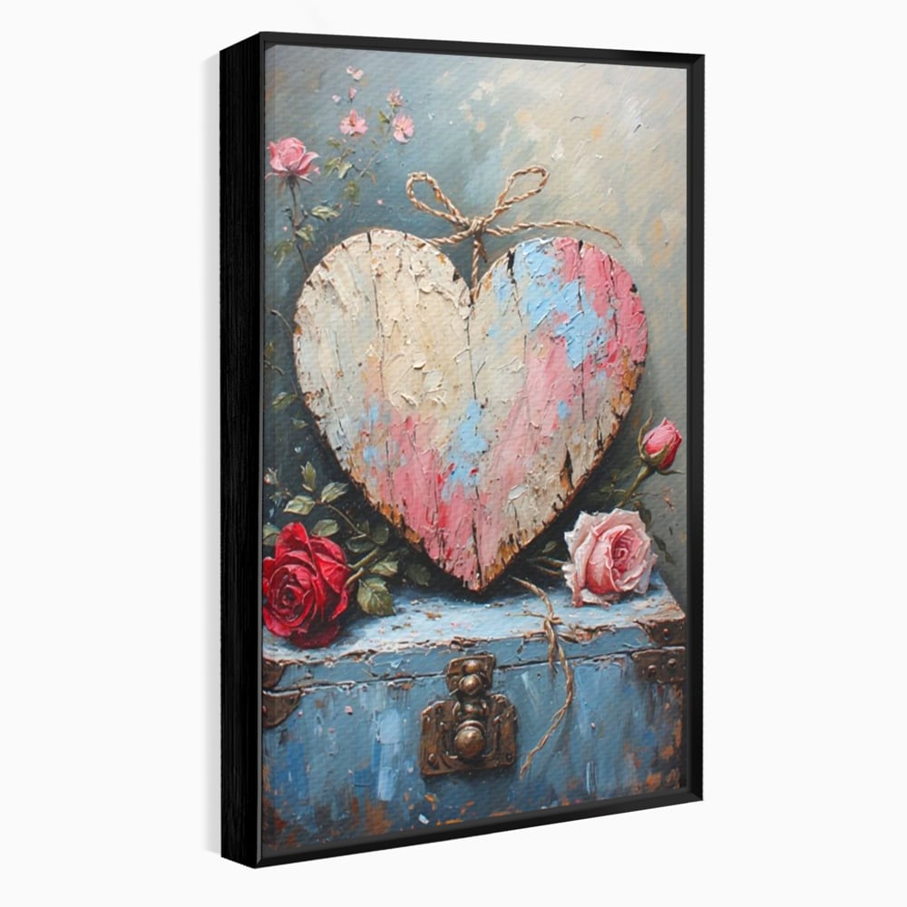 Tablou canvas cu tablou canvas cu inima din lemn si flori, in rama de aluminiu negru