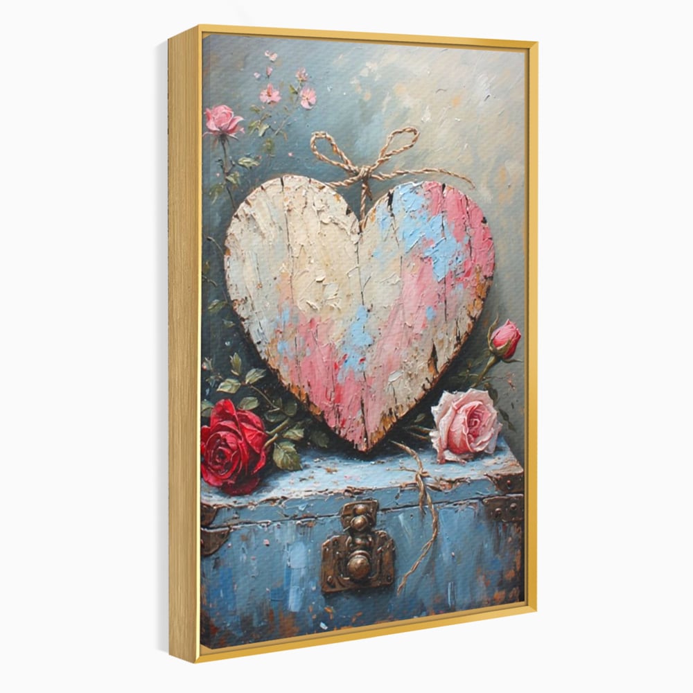 Tablou canvas cu tablou canvas cu inima din lemn si flori, in rama de aluminiu auriu
