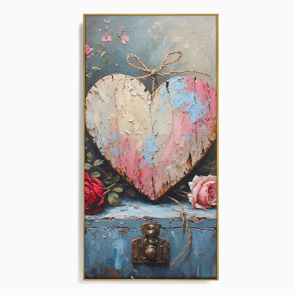 Tablou canvas cu tablou canvas cu inima din lemn si flori, in rama de aluminiu auriu