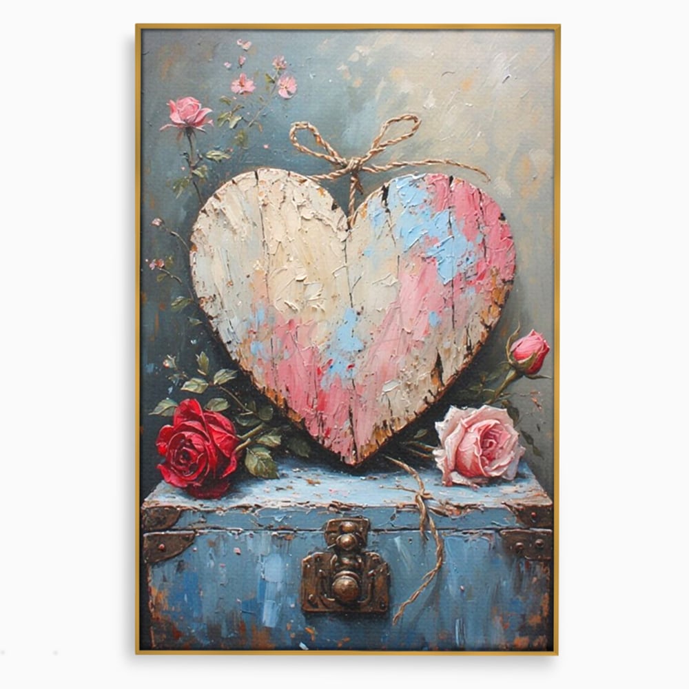 Tablou canvas cu tablou canvas cu inima din lemn si flori, in rama de aluminiu auriu