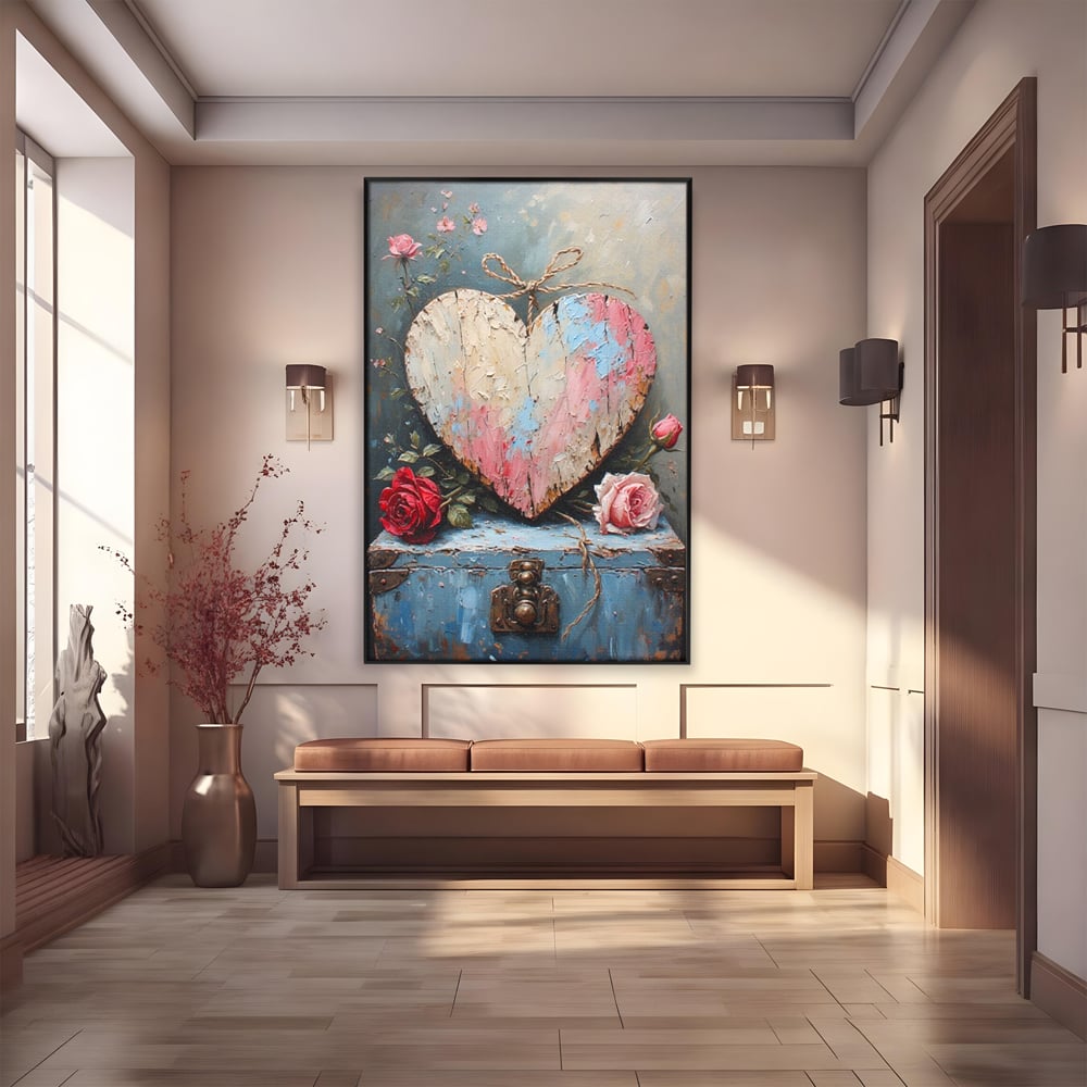 Tablou canvas cu tablou canvas cu inima din lemn si flori, in rama de aluminiu negru