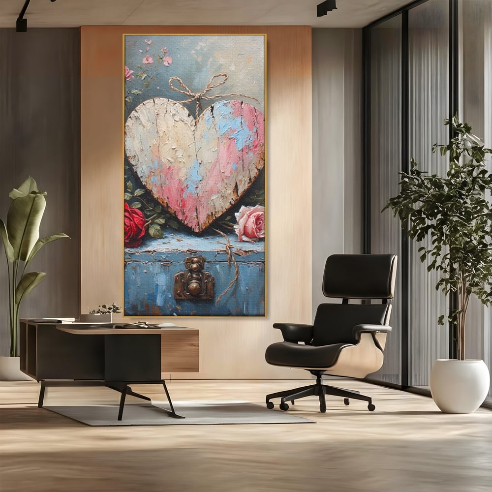 Tablou canvas cu tablou canvas cu inima din lemn si flori, in rama de aluminiu auriu, pe perete intr-un birou