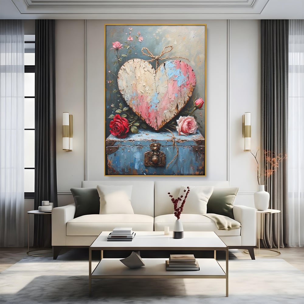 Tablou canvas cu tablou canvas cu inima din lemn si flori, in rama de aluminiu auriu, pe perete intr-un living