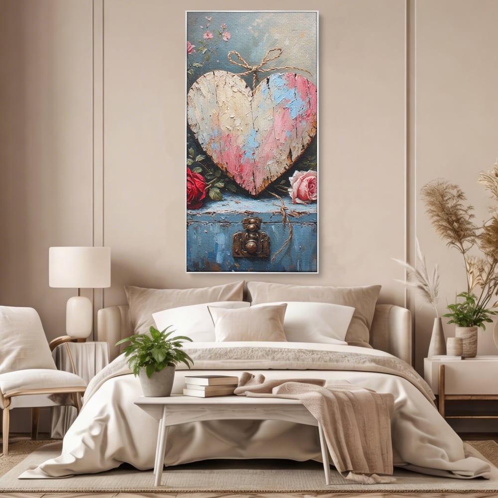 Tablou canvas cu tablou canvas cu inima din lemn si flori, in rama de aluminiu argintiu, pe perete intr-un dormitor