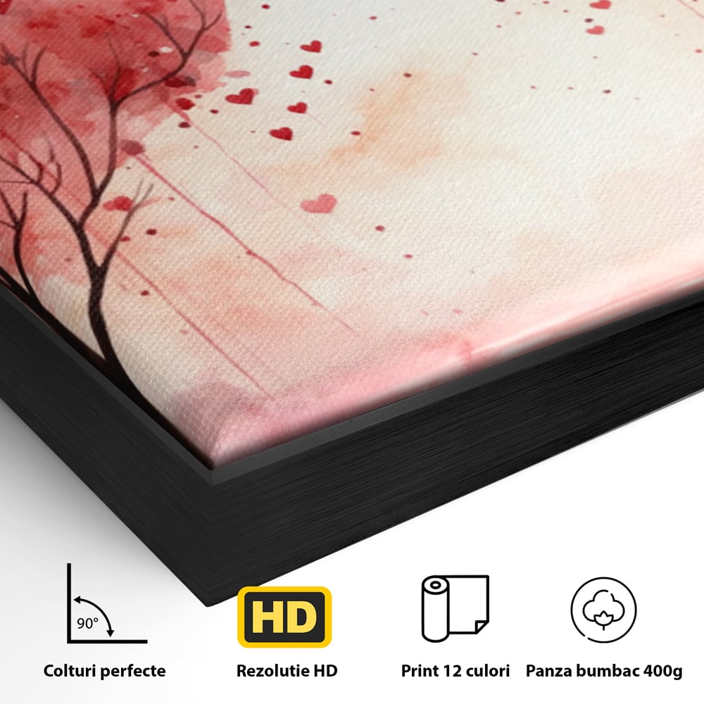Detaliu al suprafetei: tablou canvas cuplu sub copaci in forma de inima, in rama de aluminiu negru