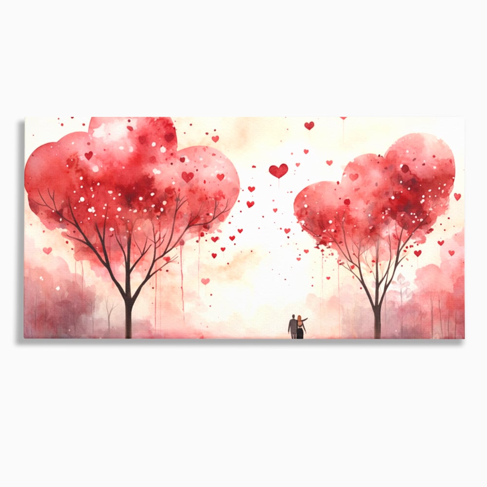 Tablou canvas cu tablou canvas cuplu sub copaci in forma de inima, fara rama, pe sasiu de lemn