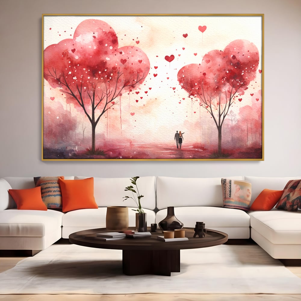 Tablou canvas cu tablou canvas cuplu sub copaci in forma de inima, in rama de aluminiu auriu, pe perete intr-un living