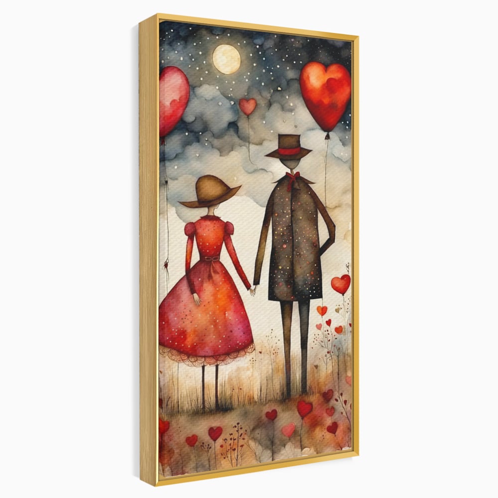 Tablou canvas cu ilustratie cu cuplu si baloane rosii in forma de inima, in rama de aluminiu auriu