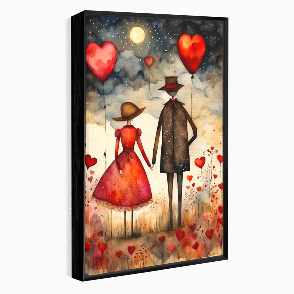 Tablou canvas cu ilustratie cu cuplu si baloane rosii in forma de inima, in rama de aluminiu negru