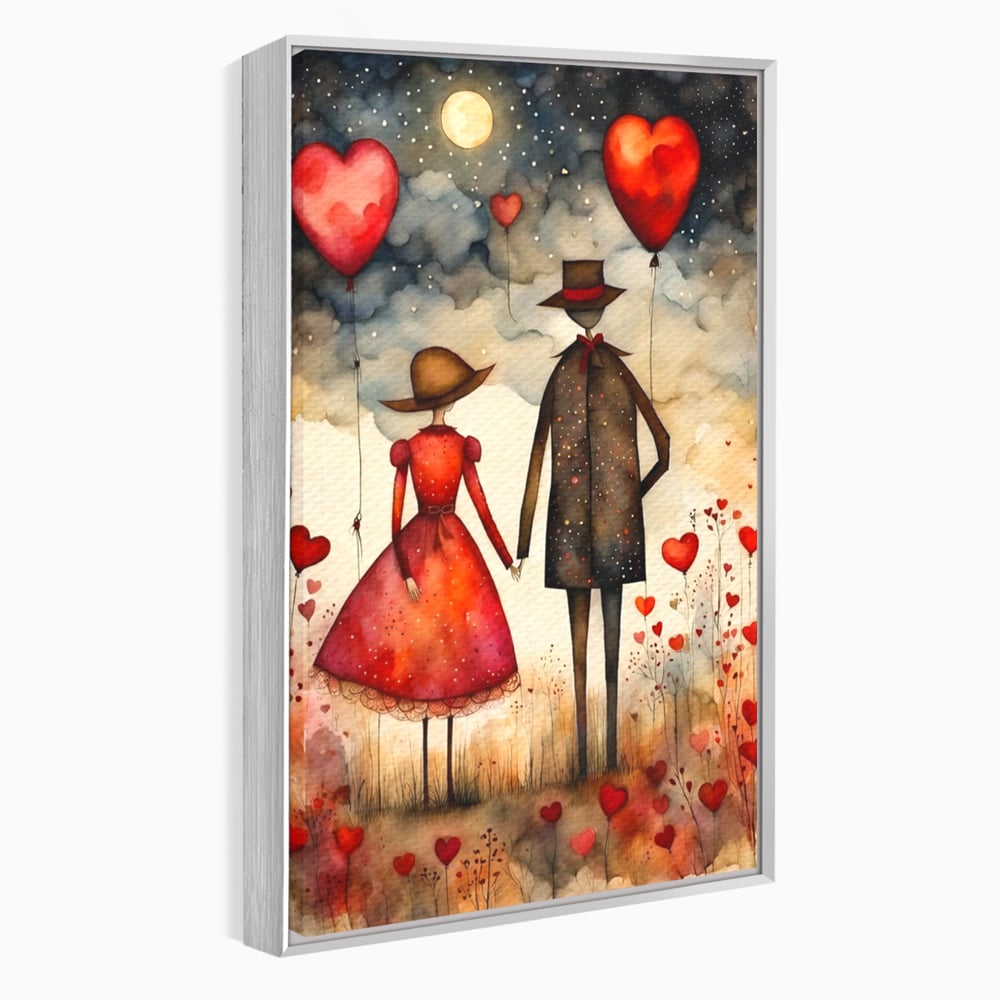 Tablou canvas cu ilustratie cu cuplu si baloane rosii in forma de inima, in rama de aluminiu argintiu