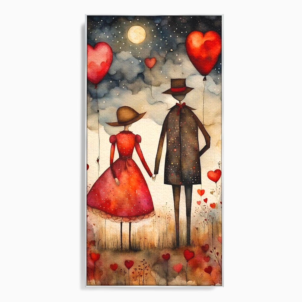 Tablou canvas cu ilustratie cu cuplu si baloane rosii in forma de inima, in rama de aluminiu argintiu